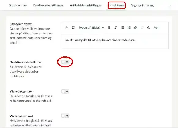 Fanen Indstillinger og knappen Deaktiver sidetælleren markeret