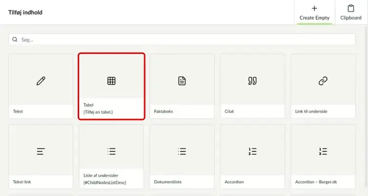 Oversigten over komponenter med Tabel markeret