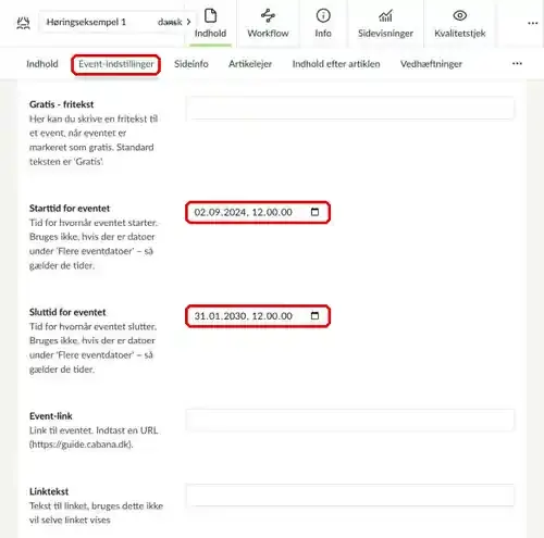 Fanen Event-indstillinger med Starttid og Sluttid markeret
