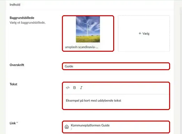 Baggrundsbillede, Overskrift, Tekst og Link markeret