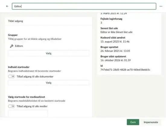 Brugerprofilen med boksen Tildel adgang med Grupper, Indhold startnoder og Vælg startnode for mediearkivet