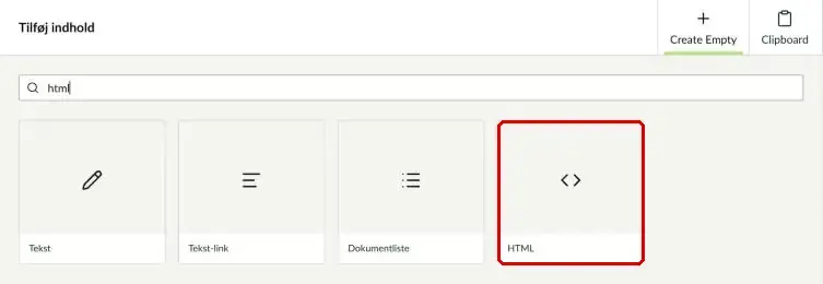 Søgning efter html i Tilføj indhold med komponenten HTML markeret