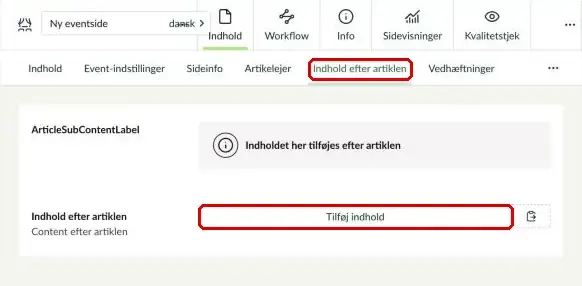 Fanen Indhold efter artiklen med knappen Tilføj indhold