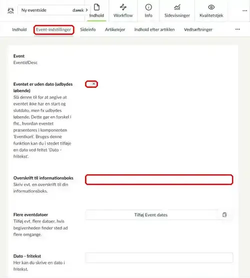 Fanen Event-indstillinger med feltet Eventet er uden dato
