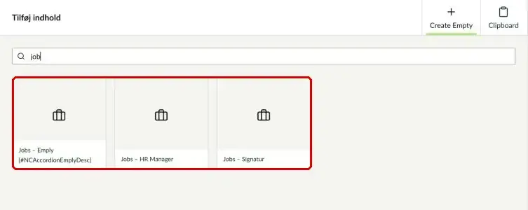 Søgning efter job i oversigten over komponenter