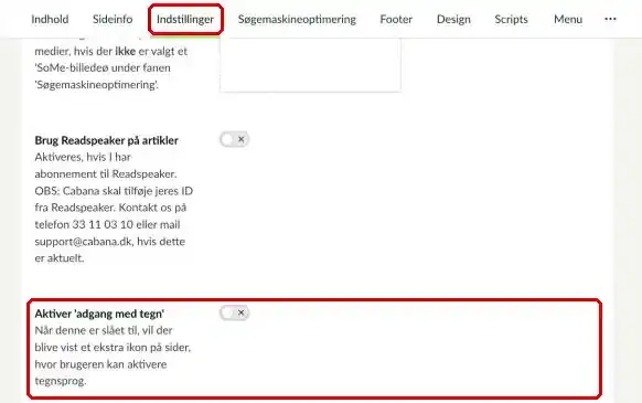 Fanen Indstillinger på forsiden, hvor Aktiver 'adgang med tegn' er markeret