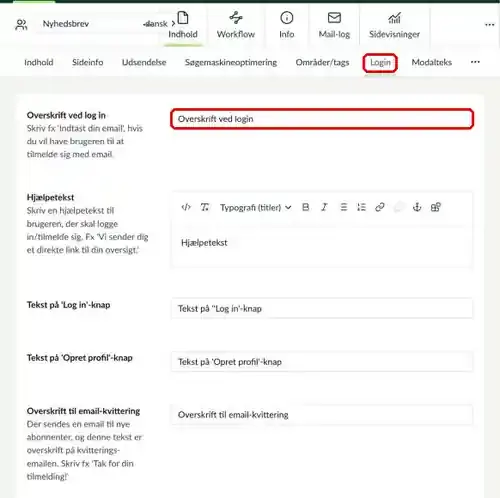 Fanen Login med feltet Overskrift ved log in markeret