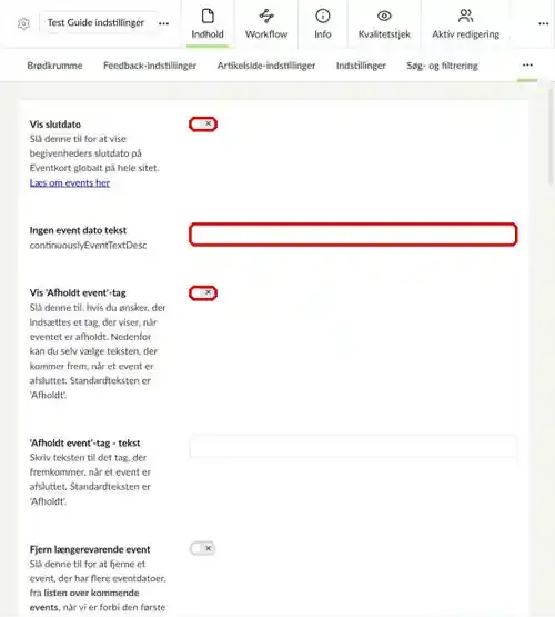 Fanen Eventside i indstillingsfilen