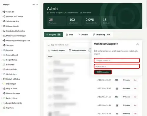 Dialogen Udskift kontaktperson, hvor felterne og knappen Udskift kontakter er markeret