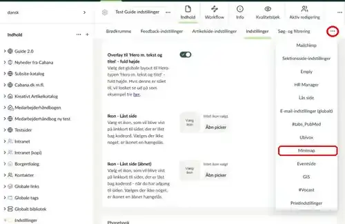 Menuen med flere faner i indstillingsfilen med Minimap markeret