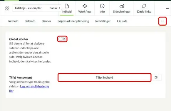 Fanerne på en forside med Global sidebar og knappen Tilføj komponent markeret
