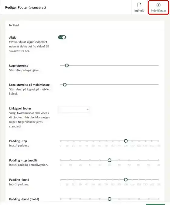 Fanen Indstillinger for Footer (avanceret), som er markeret