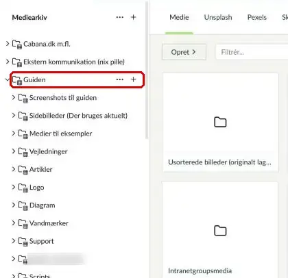 Træstrukturen i mediearkivet med en mappe markeret