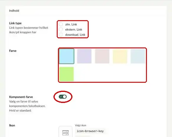 Link type, Farve og Komponent-farve markeret