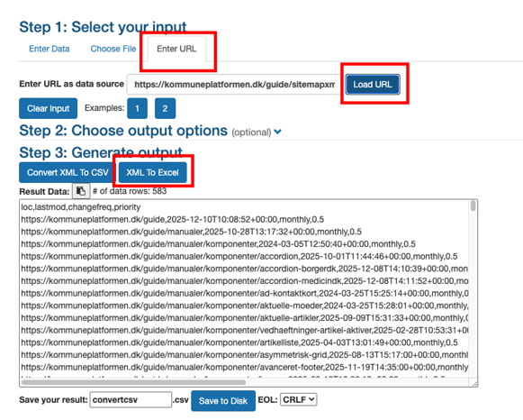 Hjemmesiden convertcsv.com, hvor Enter URL, Load URL og XML To Excel er markeret