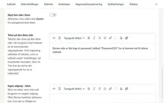Felterne Skjul låst side i lister, Tekst på den låste side og Ingen adgang - tekst