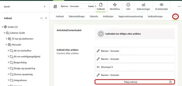 Fanen Indhold efter artiklen med Tilføj indhold markeret