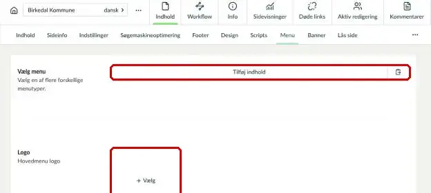 Feltet Vælg menu med knappen Tilføj indhold markeret