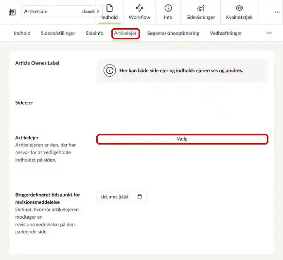 Fanen Artikelejer med knappen Vælg markeret