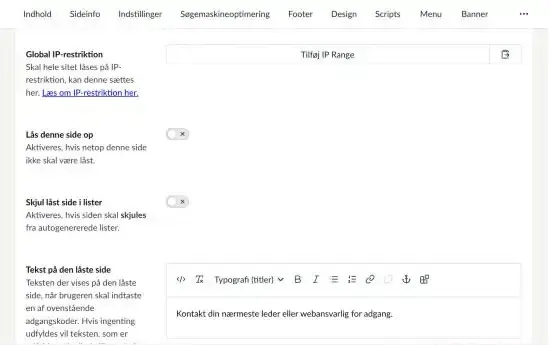 Forsidens fane Lås side med feltet Global IP-restriktion og den fælles tekst på den låste side