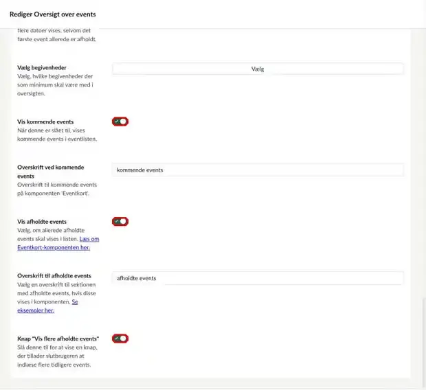 Felterne Vis kommende events, Vis afholdte events og knappen Vis flere afholdte events