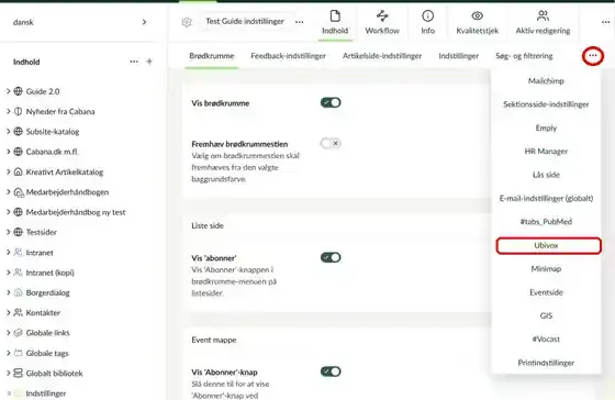 Menuen med flere faner i indstillingsfilen med Ubivox markeret
