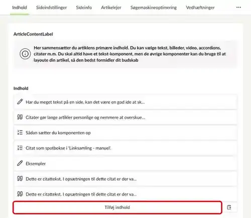 Fanen Indhold på en artikelside med knappen Tilføj indhold markeret
