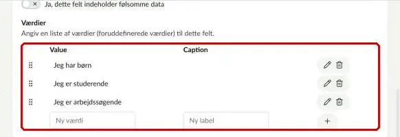 Feltet Værdier med svarmuligheder markeret