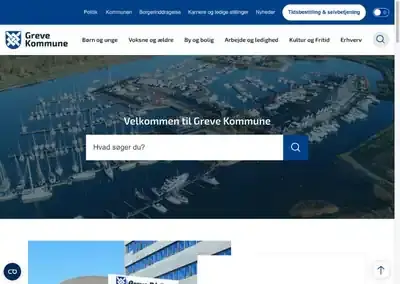 Forsiden på greve.dk med luftfoto, velkomstoverskrift og søgefelt