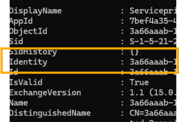 Resultatet af Get-ServicePrincipal i PowerShell, hvor linjen Identity er markeret