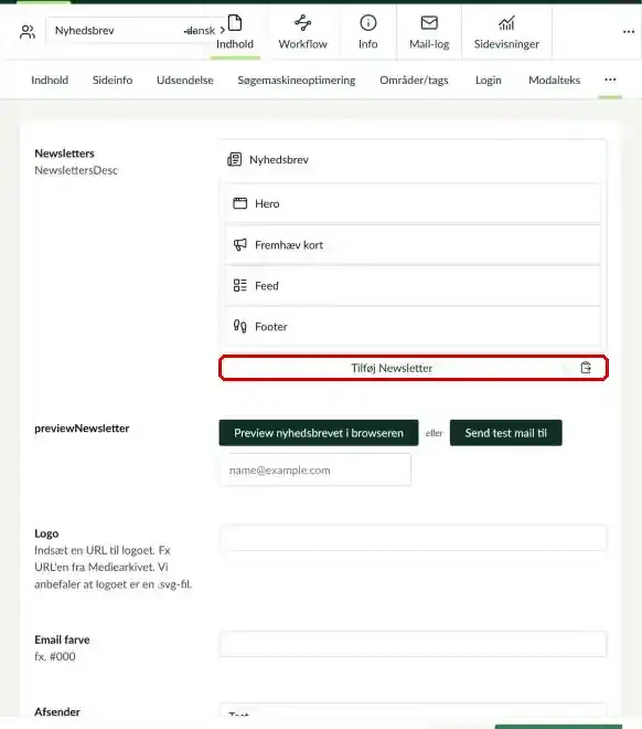 Feltet med nyhedsbrevets komponenter og knappen Tilføj Newsletter markeret
