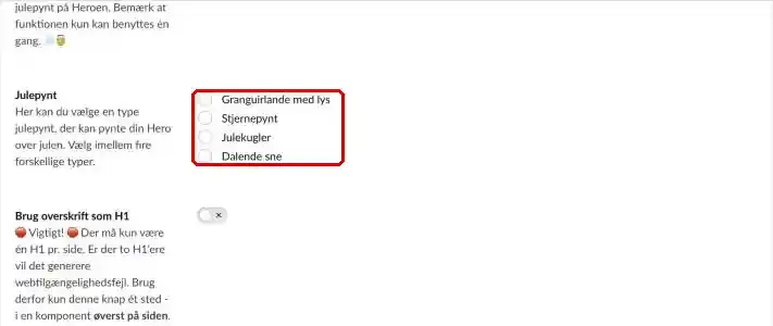 Knappen Brug overskrift som H1 nederst på billedet