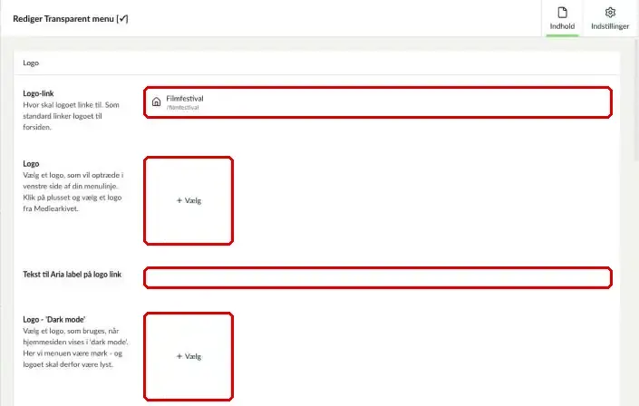 Logo-link, Logo, Tekst til Aria label på logo link og Logo – Dark mode markeret