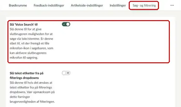 Fanen Søg- og filtrering i indstillingsfilen, hvor Slå 'Voice Search' til er markeret