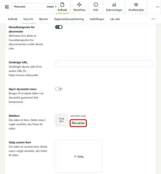 Feltet Sideikon med knappen Åbn markeret