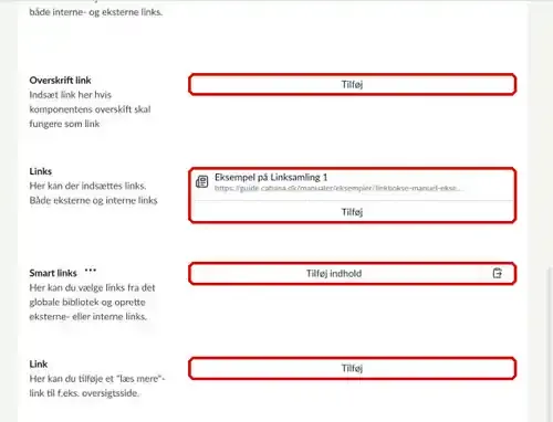 Overskrift link, Links, Smart links og Link markeret
