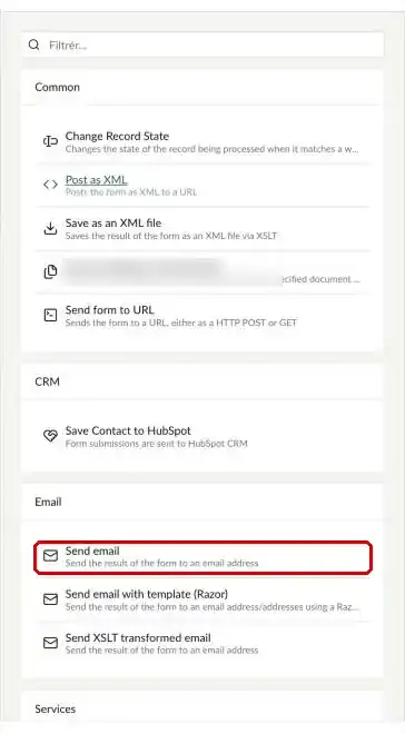 Listen med workflowtyper, hvor Send email er markeret
