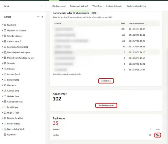 Fanen Overblik, hvor knapperne Se siderne, Se abonnenterne og Åbn er markeret