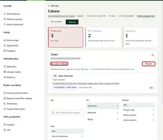 Detaljer om et dødt link, hvor Åbn siden i Indhold og Tjek igen er markeret