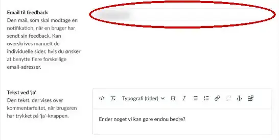Feltet Email til feedback markeret