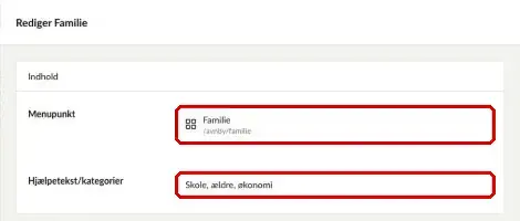 Felterne Menupunkt og Hjælpetekst/kategorier markeret