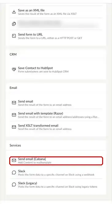 Workflowtypen Send email [Cabana] markeret under Services