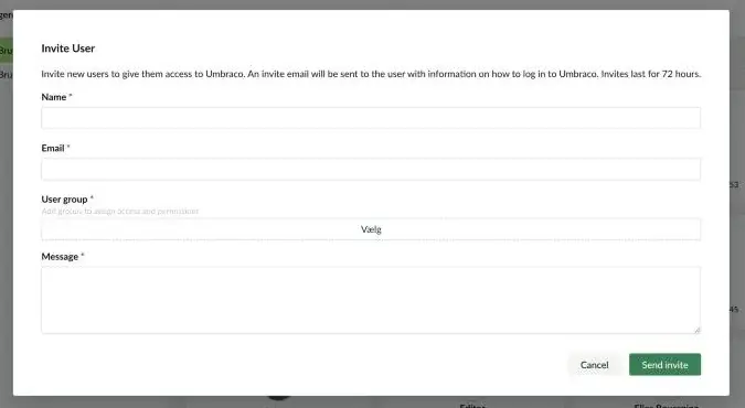 Dialogen Invite User med felterne Name, Email, User group og Message samt knapperne Cancel og Send invite