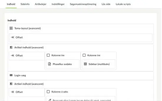En kreativ artikelside i backoffice, hvor Login-væg ligger mellem to andre komponenter