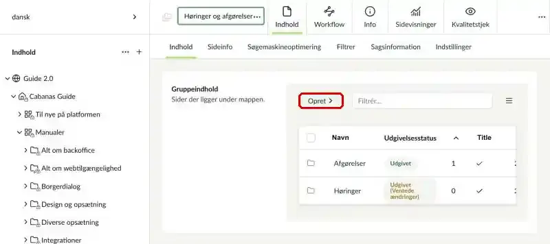 En sagsmappe på fanen Indhold med knappen Opret markeret