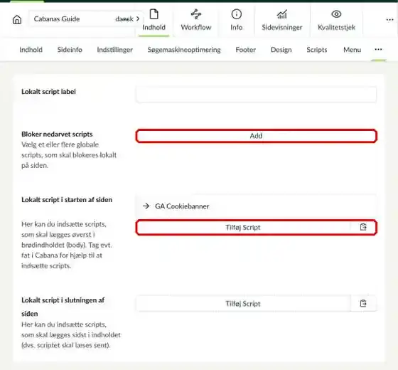 Feltet Bloker nedarvet scripts og Tilføj Script markeret