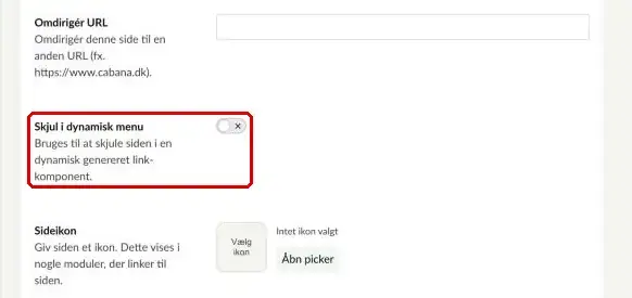 Skjul i dynamisk menu på fanen Sideinfo markeret