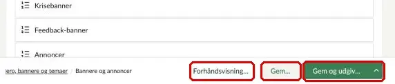 Bunden af en side i backoffice med knapperne Forhåndsvisning, Gem og Gem og udgiv