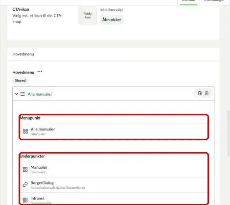 Menupunkt og Underpunkter i hovedmenuen markeret