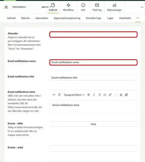 Fanen E-mail til notifikationer med Afsender og emne markeret